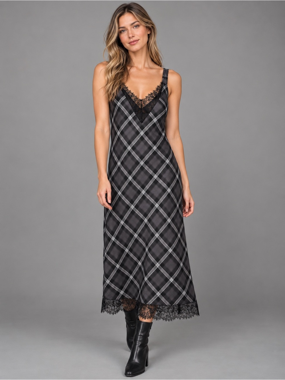 Gold Hawk Plaid Lace Slip Dress Size L NWT 90s Grunge Midi